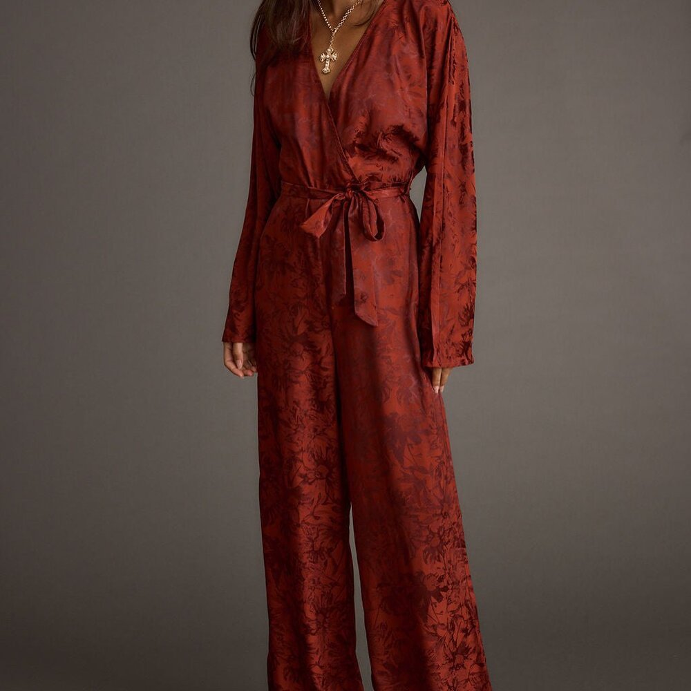 Rust Red Satin Wrap Jumpsuit